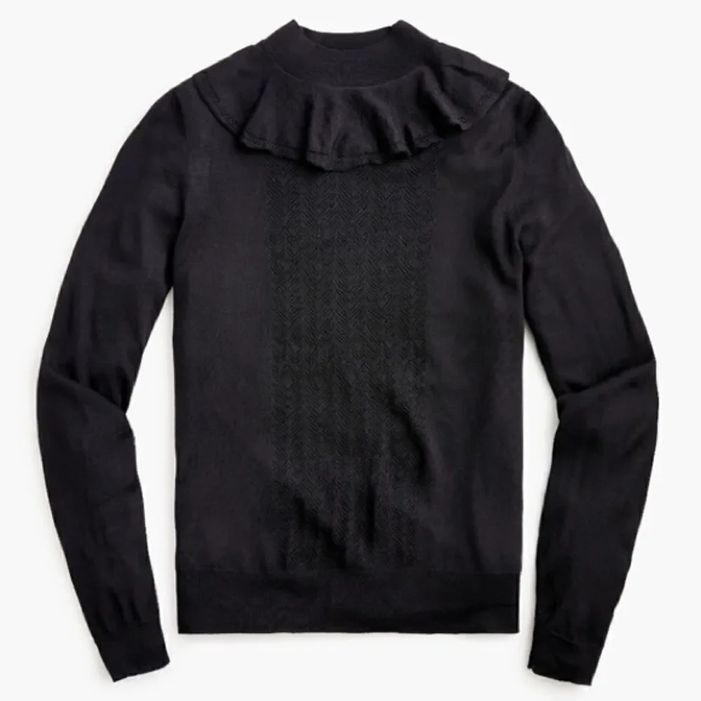 J.CREW Ruffle Mockneck Black sweater Pointelle Stitch